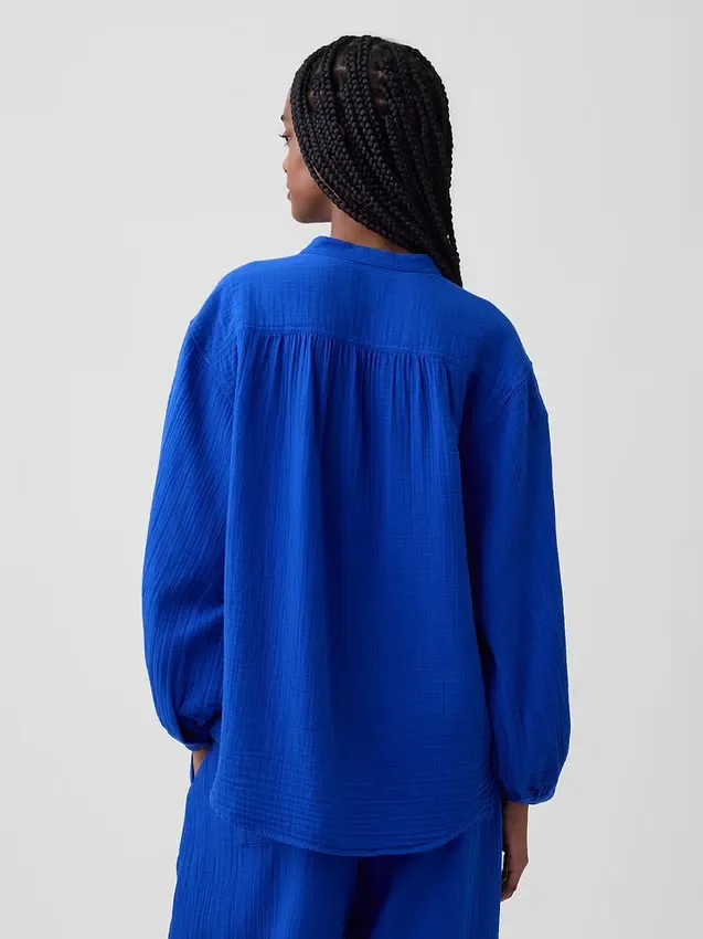 Pamuklu Gazlı Bez Oversized Yakasız Gömlek