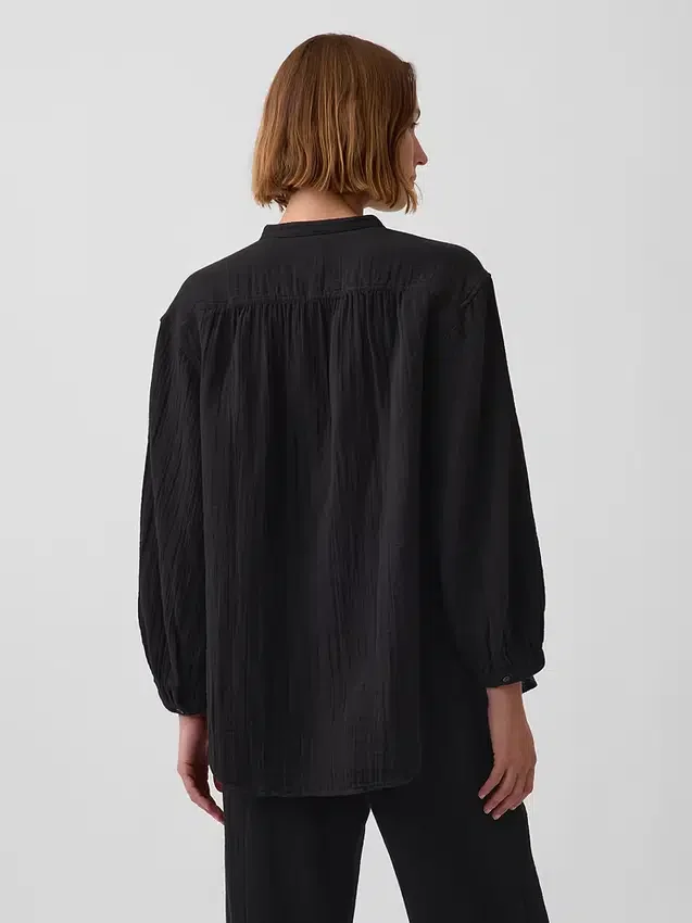 Pamuklu Gazlı Bez Oversized Yakasız Gömlek