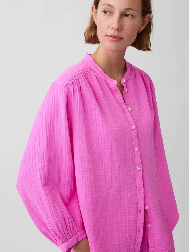 Pamuklu Gazlı Bez Oversized Yakasız Gömlek