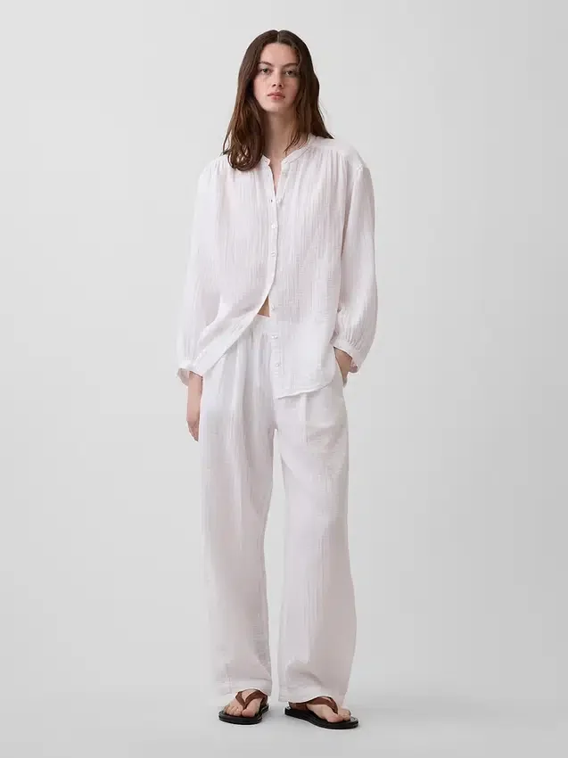 Pamuklu Gazlı Bez Oversized Yakasız Gömlek