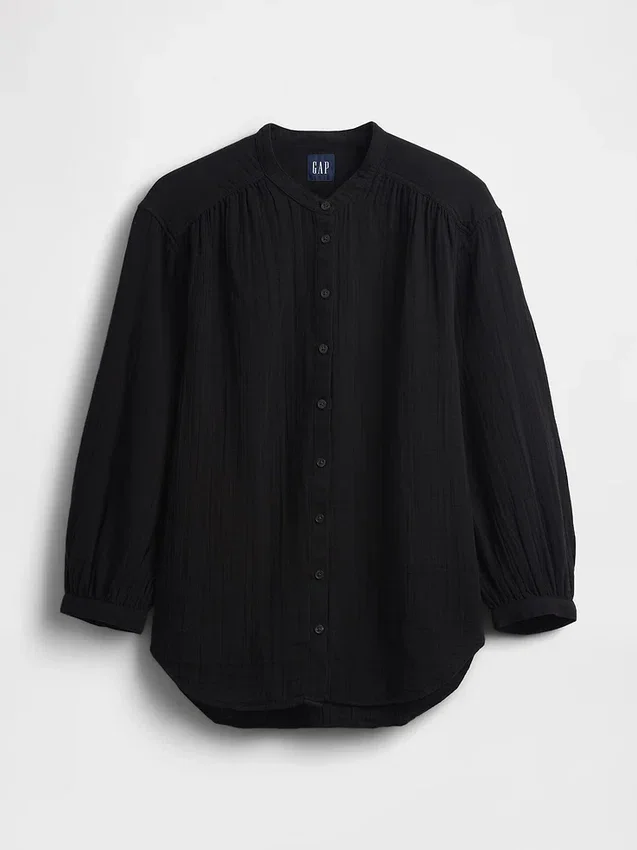 Pamuklu Gazlı Bez Oversized Yakasız Gömlek