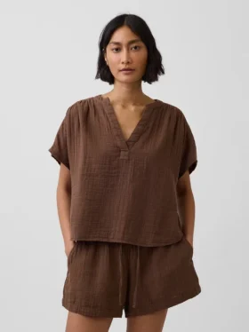 Pamuklu Gazlı Bez Oversized Yırtmaçlı Yaka Üst Giyim