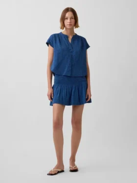 Pamuklu Gazlı Denim Smocked Bel Mini Etek-Şort