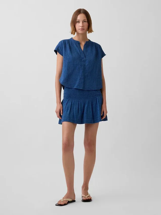 Pamuklu Gazlı Denim Smocked Bel Mini Etek-Şort