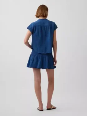 Pamuklu Gazlı Denim Smocked Bel Mini Etek-Şort