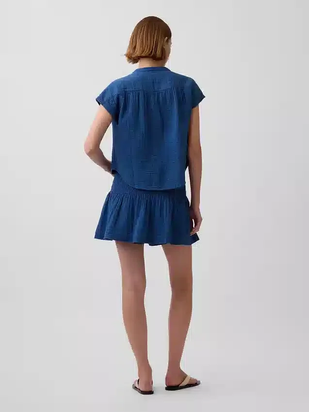 Pamuklu Gazlı Denim Smocked Bel Mini Etek-Şort