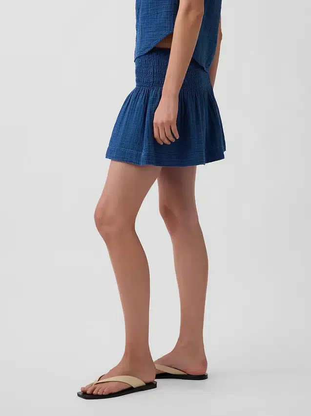 Pamuklu Gazlı Denim Smocked Bel Mini Etek-Şort
