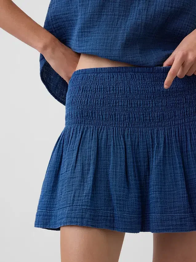 Pamuklu Gazlı Denim Smocked Bel Mini Etek-Şort