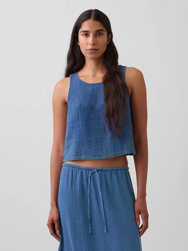 Pamuklu Gazlı Kumaş Denim Dış Katmanlı Tank Top