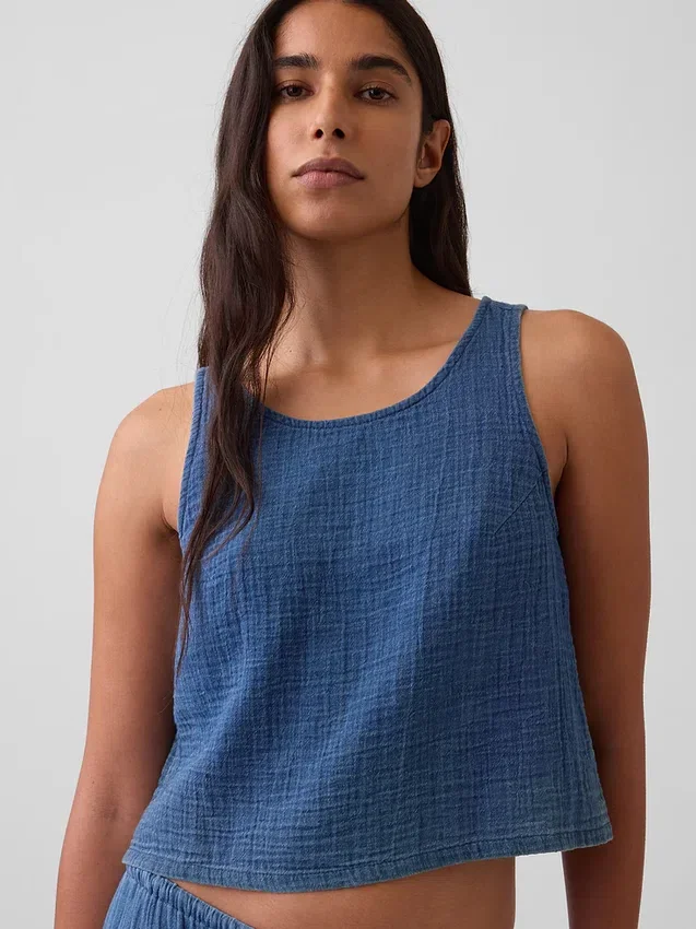 Pamuklu Gazlı Kumaş Denim Dış Katmanlı Tank Top