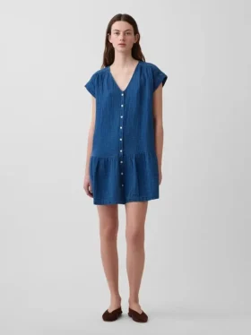 Pamuklu Gazlı Kumaş Denim Düşük Bel Mini Gömlek Elbise
