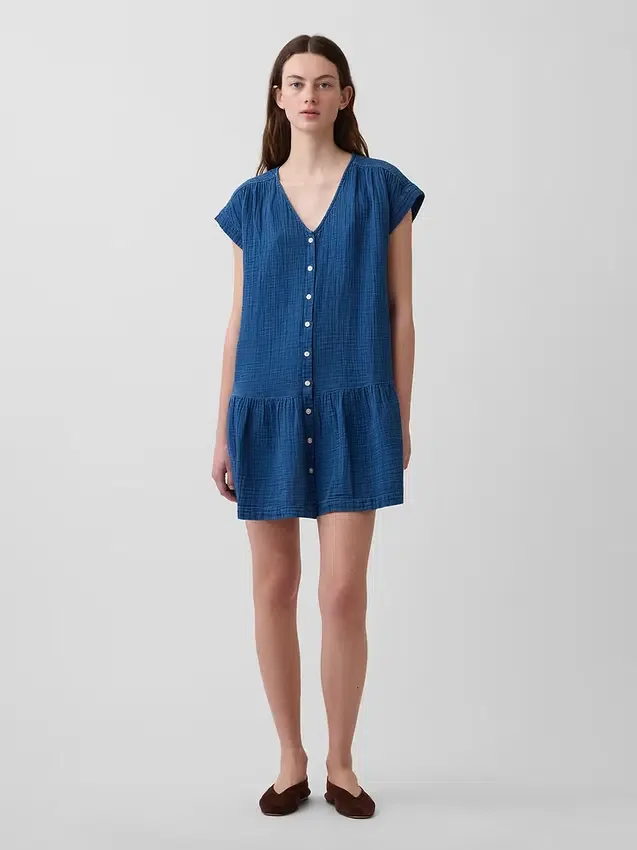 Pamuklu Gazlı Kumaş Denim Düşük Bel Mini Gömlek Elbise