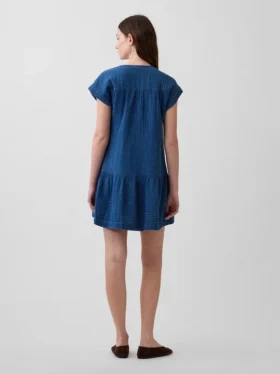 Pamuklu Gazlı Kumaş Denim Düşük Bel Mini Gömlek Elbise