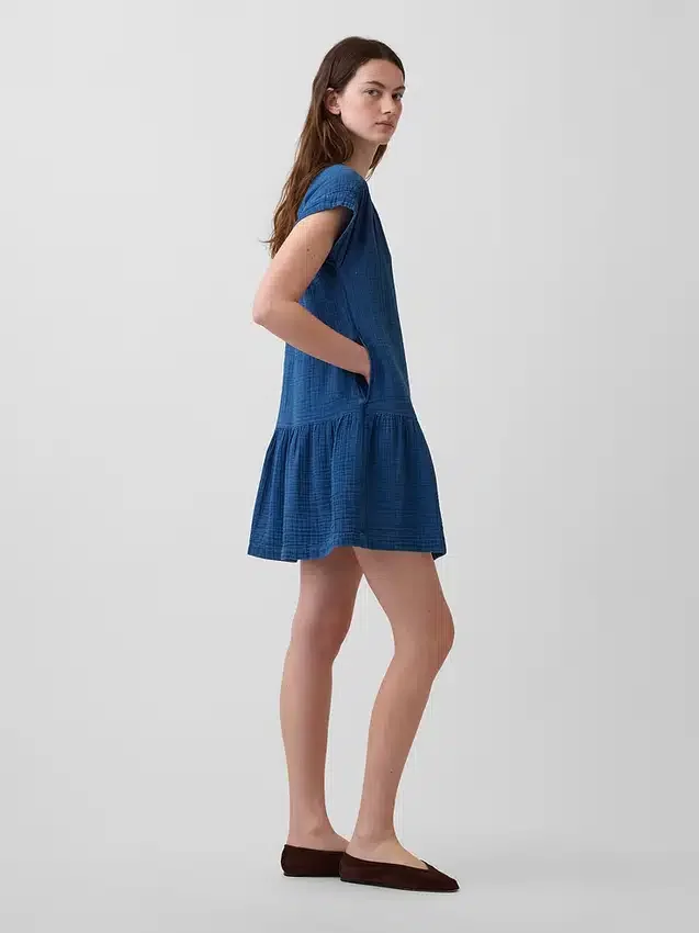 Pamuklu Gazlı Kumaş Denim Düşük Bel Mini Gömlek Elbise