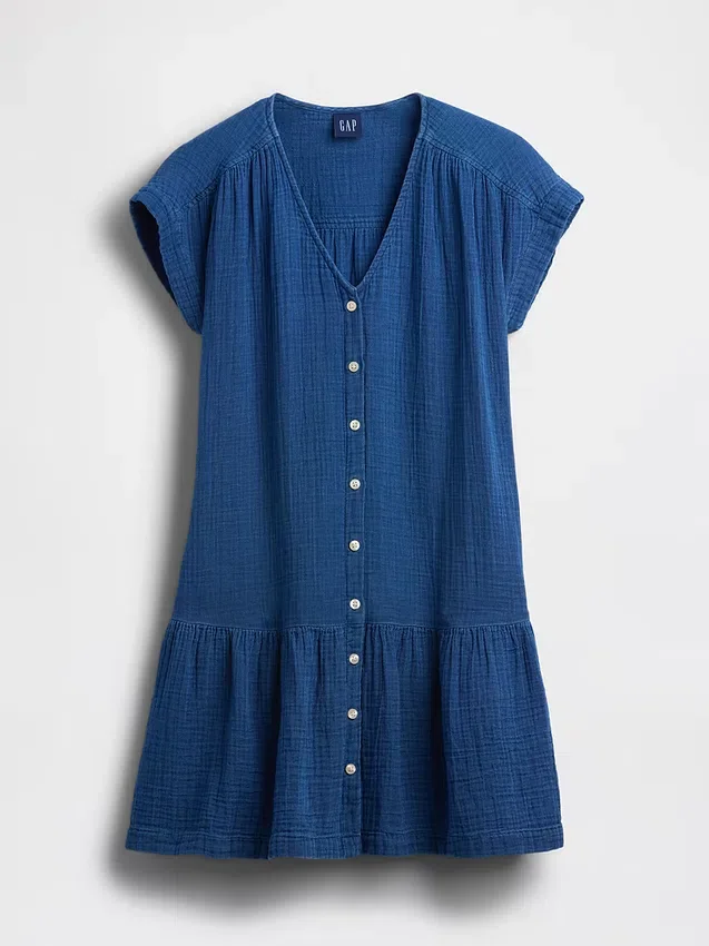 Pamuklu Gazlı Kumaş Denim Düşük Bel Mini Gömlek Elbise