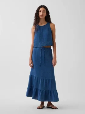 Pamuklu Gazlı Kumaş Denim Katlı Kolay Giyilebilir Maxi Etek