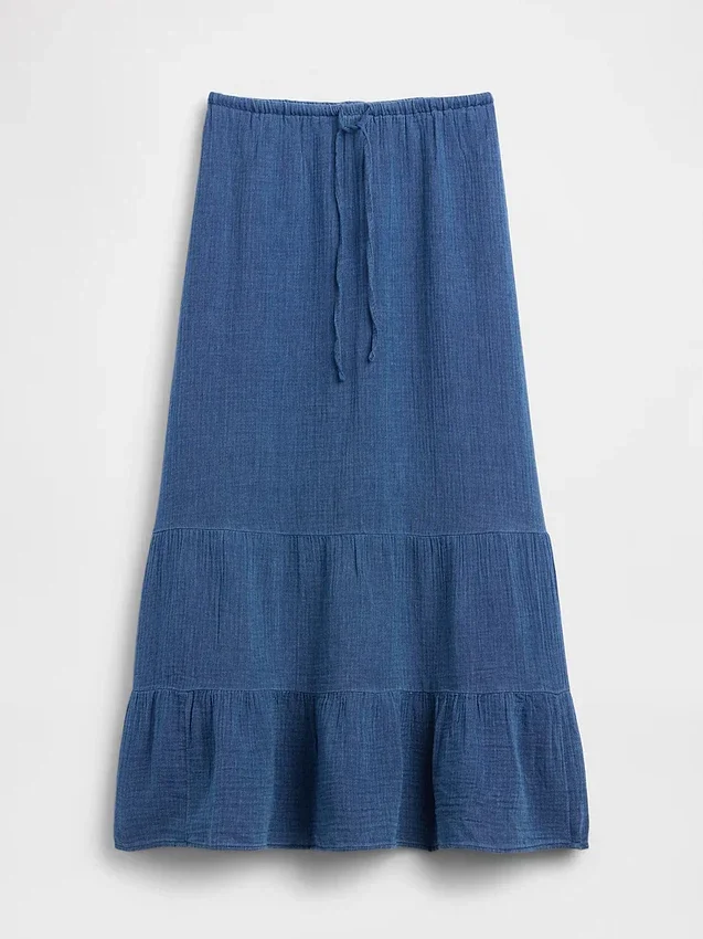 Pamuklu Gazlı Kumaş Denim Katlı Kolay Giyilebilir Maxi Etek