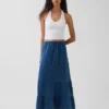 Pamuklu Gazlı Kumaş Denim Katlı Kolay Giyilebilir Maxi Etek