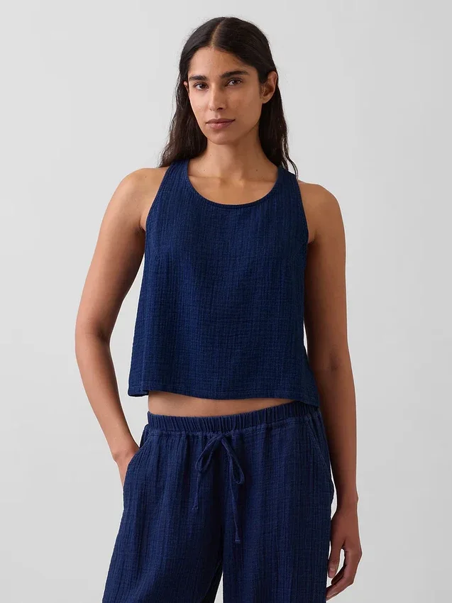 Pamuklu Gazlı Kumaş Denim Kısa Tank Top