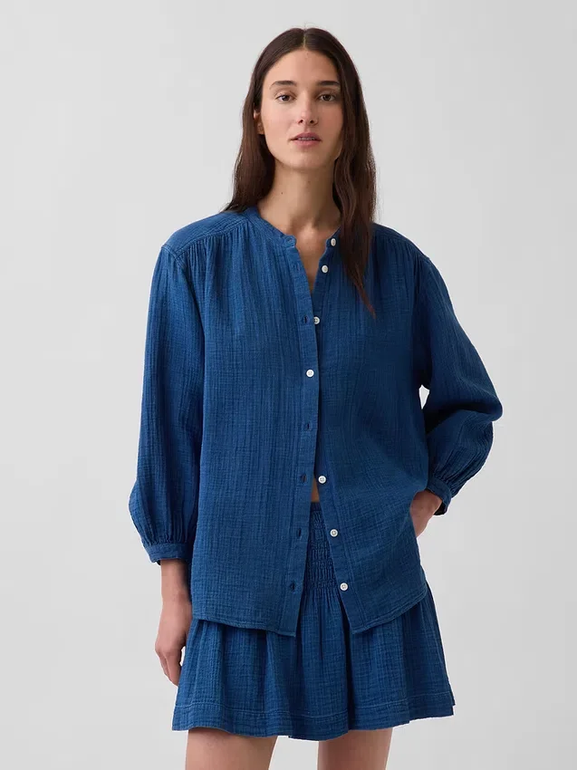Pamuklu Gazlı Kumaş Denim Oversized Yakasız Gömlek