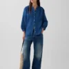 Pamuklu Gazlı Kumaş Denim Oversized Yakasız Gömlek
