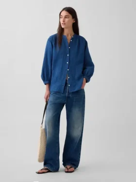 Pamuklu Gazlı Kumaş Denim Oversized Yakasız Gömlek