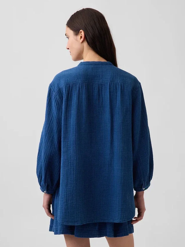 Pamuklu Gazlı Kumaş Denim Oversized Yakasız Gömlek