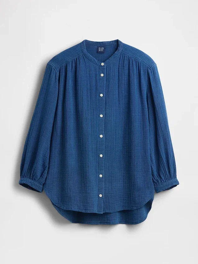 Pamuklu Gazlı Kumaş Denim Oversized Yakasız Gömlek