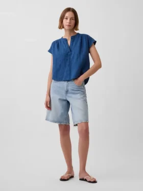 Pamuklu Gazlı Kumaş Denim Oversized Yırtmaçlı Yaka Üst