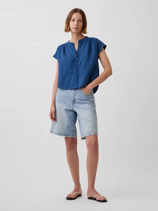 Pamuklu Gazlı Kumaş Denim Oversized Yırtmaçlı Yaka Üst