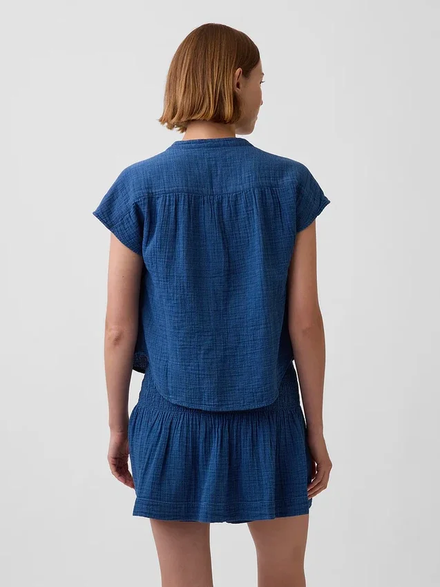 Pamuklu Gazlı Kumaş Denim Oversized Yırtmaçlı Yaka Üst