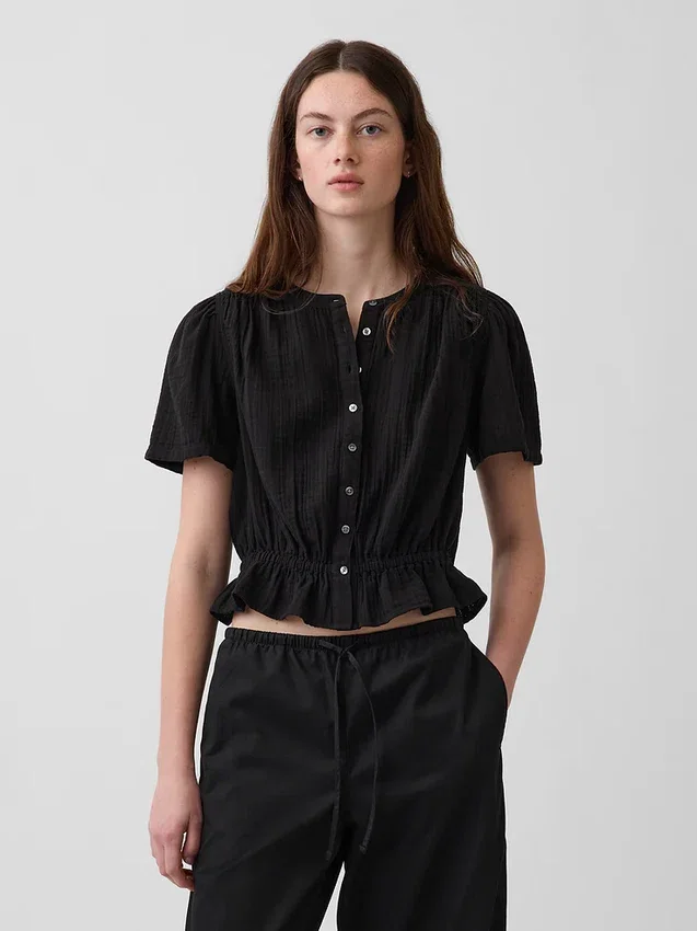 Pamuklu Gazlı Kumaş Kısa Peplum Üst