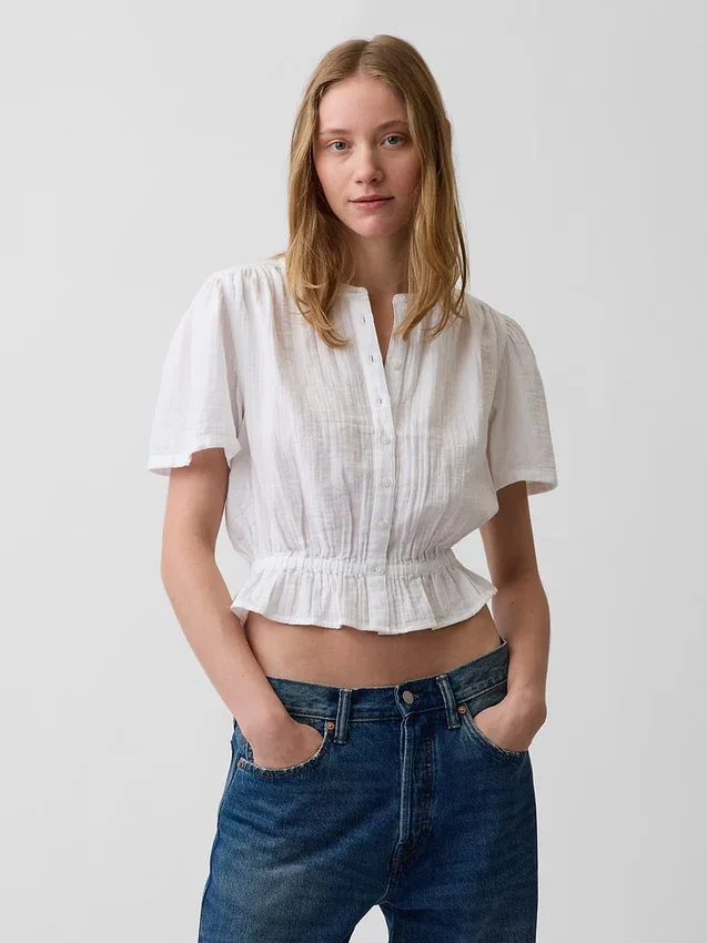 Pamuklu Gazlı Kumaş Kısa Peplum Üst