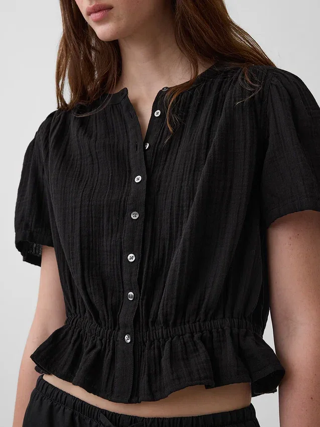 Pamuklu Gazlı Kumaş Kısa Peplum Üst