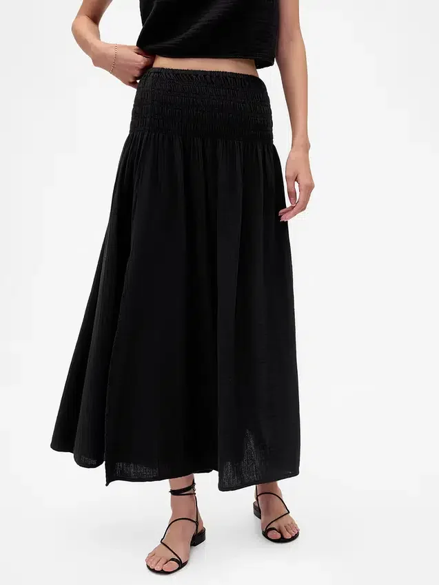 Pamuklu Gazlı Smocked Bel Maxi Etek