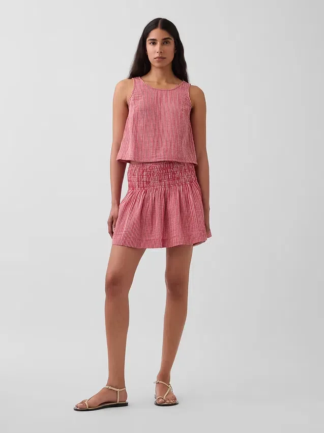 Pamuklu Gazlı Smocked Bel Mini Etek-Şort