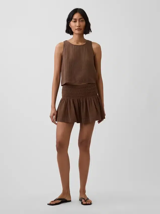 Pamuklu Gazlı Smocked Bel Mini Etek-Şort