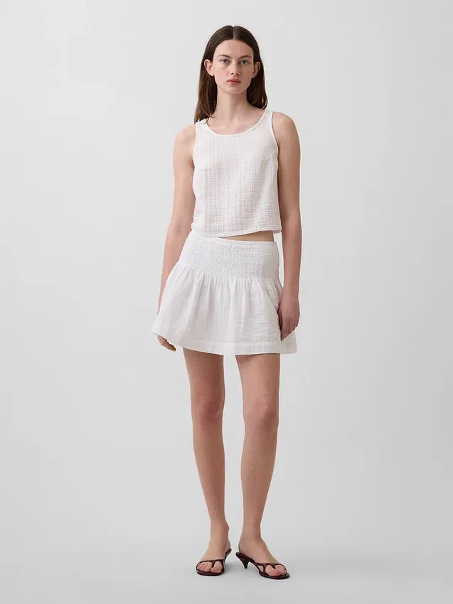 Pamuklu Gazlı Smocked Bel Mini Etek-Şort