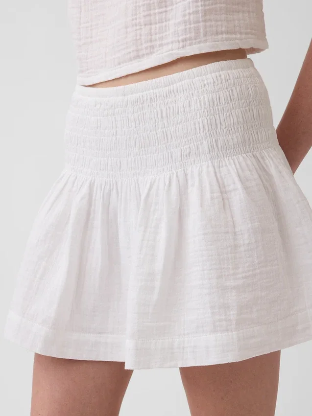 Pamuklu Gazlı Smocked Bel Mini Etek-Şort