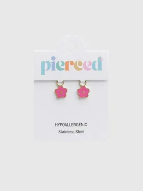 Pierced Co Huggie Küpeler için Hot Pink Flower Charm