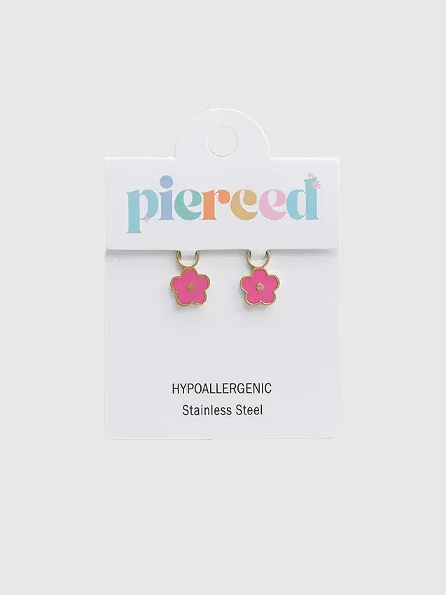 Pierced Co Huggie Küpeler için Hot Pink Flower Charm