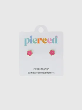 Pierced Co Parlak Pembe Çiçek Vidalı Küpeler