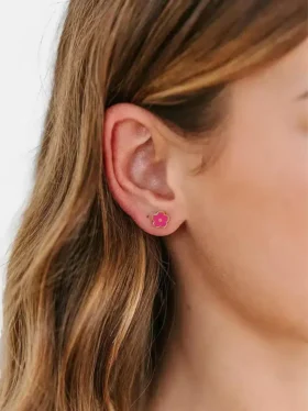 Pierced Co Parlak Pembe Çiçek Vidalı Küpeler
