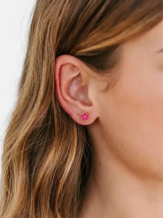 Pierced Co Parlak Pembe Çiçek Vidalı Küpeler