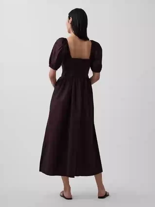Pofuk Kollu Korsajlı Maxi Elbise