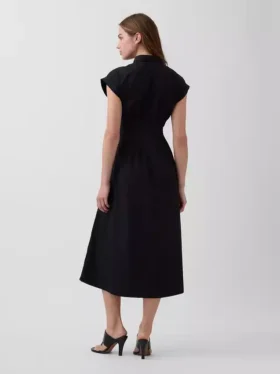 Poplin Belden Sıkı Midi Gömlek Elbise
