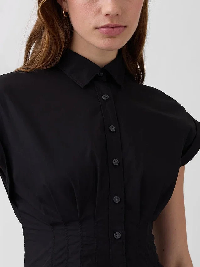 Poplin Belden Sıkı Midi Gömlek Elbise
