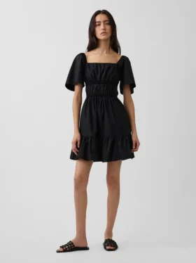 Poplin Dalgalı Kollu Mini Elbise