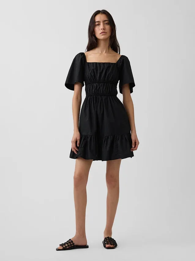 Poplin Dalgalı Kollu Mini Elbise