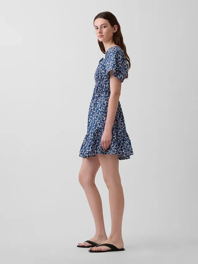 Poplin Dalgalı Kollu Mini Elbise